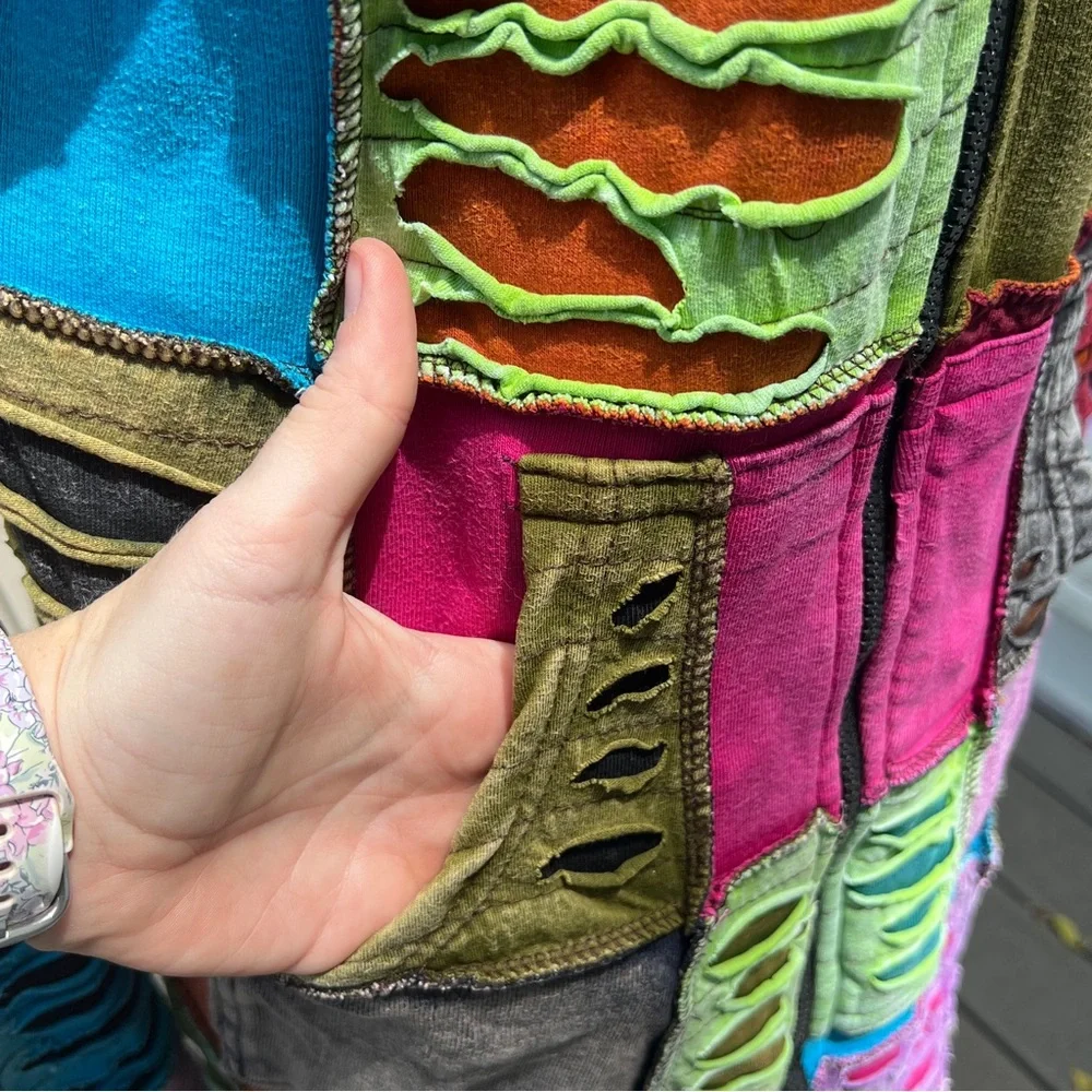 Vintage KPC Hooded Jacket Long Size XL Patchwork Jacket Boho Hippie - Picture 5 of 13